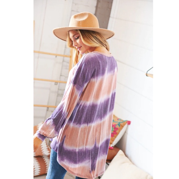 "The Paula" Mauve & Purple Tie Dye Puff Sleeve Top - Picture 3 of 3